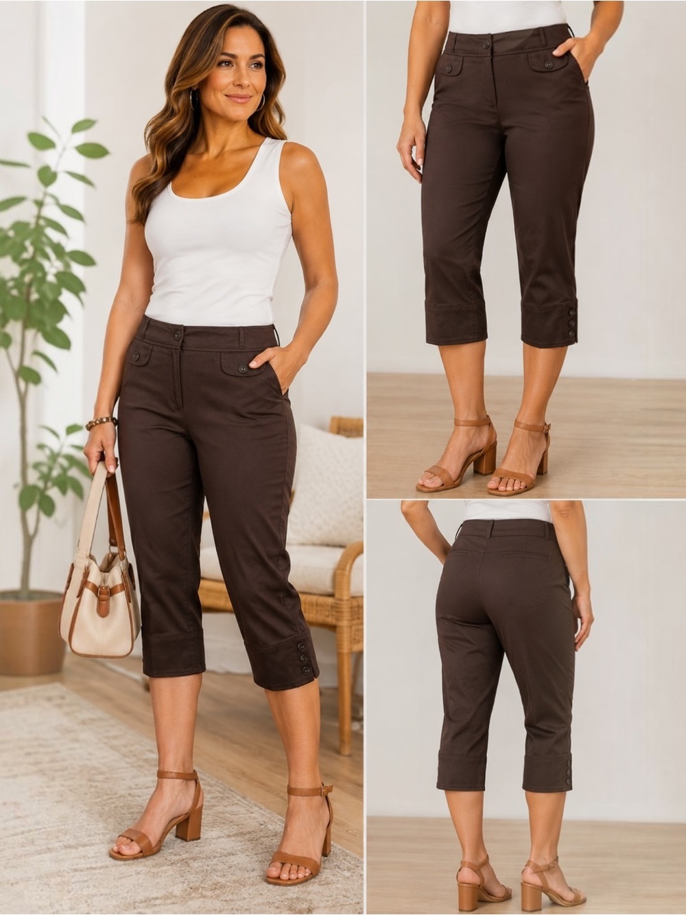 Tribella Sport Brown Stretch Capri Pants Size 16 Button Hem Career Casual